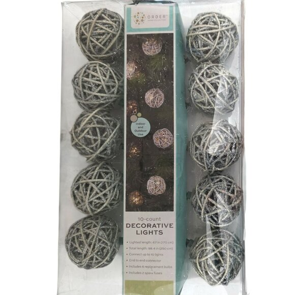 New Rattan Ball String Lights Silver Glitter 10 Bulbs Rustic Orb Holiday Patio - Picture 6 of 6